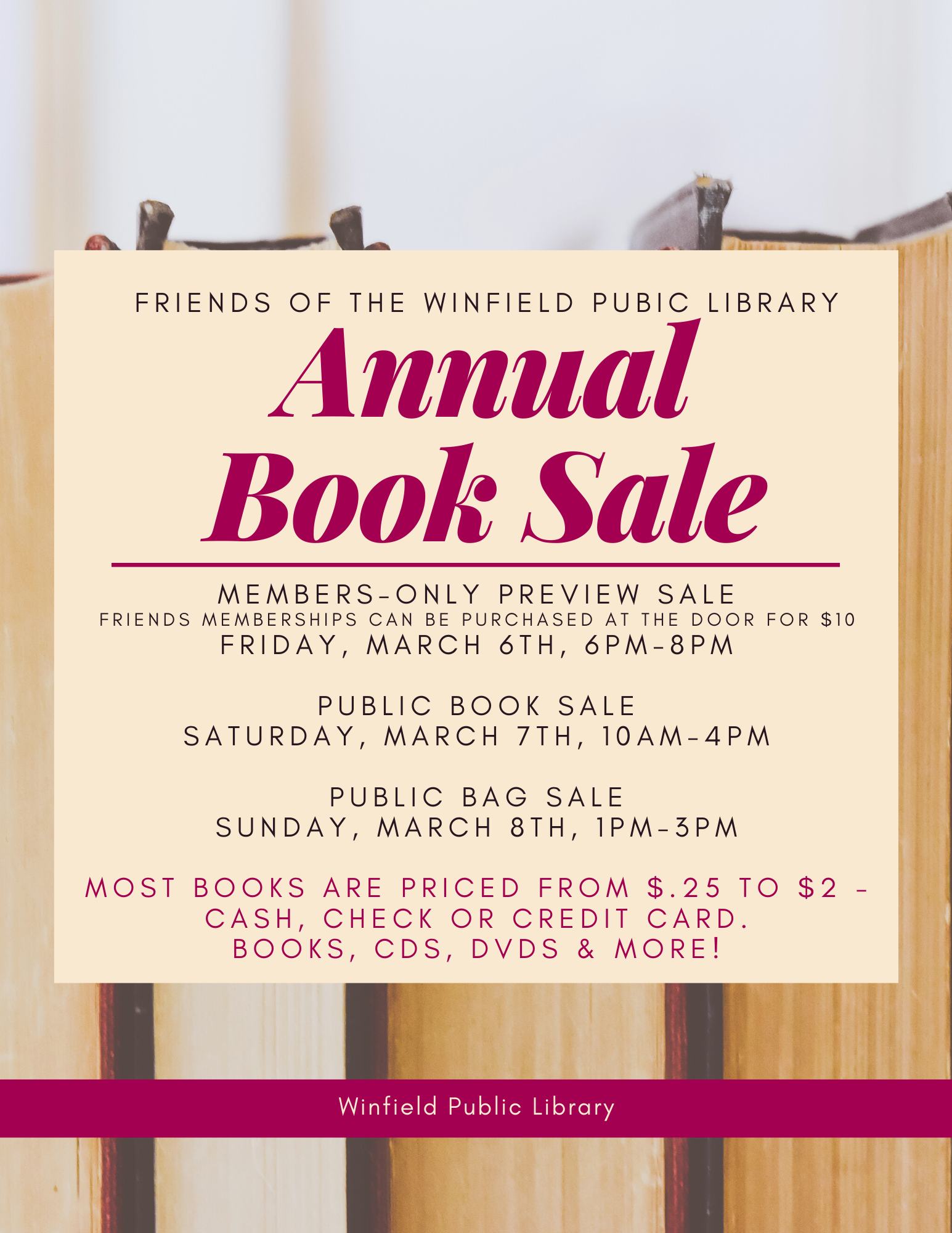 Friends of the Library Book Sale Winfield Public Library